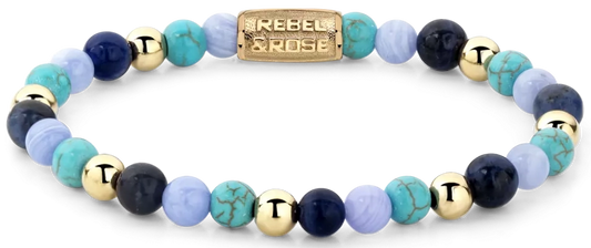 Armband aus 6mm Steinen Sodalit, Turqurenit und Blauer Chalcedon goldfarbene Steine und Edelstahlverschluss - Rebel&Rose Modell: RR-60043-G-M