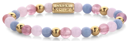 Armband aus 6mm Edelsteinen Kirschquarz, Rosa quarz und Blauer Chalcedon, goldfarbene Steine und Edelstahlverschluss - Rebel&Rose Modell: RR-60055-G-S