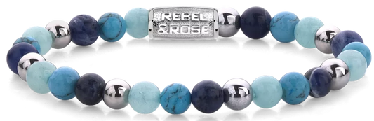 Armband aus 6mm Edelsteinen Sodalit, Turqurenit und Blauer Jade silberfarbene Steine und Edelstahlverschluss - Rebel&Rose Modell: RR-60056-S-S