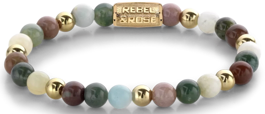 Armband aus 6mm verschiedenfarbigen Edelsteinen und goldfarbene Steine und Edelstahlverschluss - Rebel&Rose Modell: RR-60077-G-M