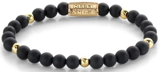 Armband aus 6mm schwarzen und goldfarbenen Steinen mit Edelstahlverschluss - Rebel&Rose Modell: RR-60078-G-S