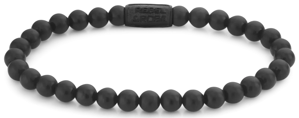 Armband aus 6mm schwarzen Naturstein mit schwarzem Edelstahlverschluss - Rebel&Rose Modell: RR-60089-B-M