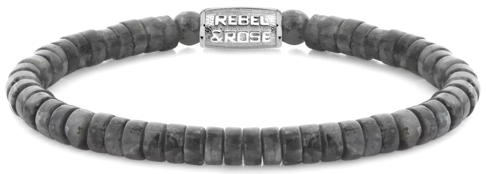 Armband aus 6mm grauen, scheibenförmigem Naturstein mit Edelstahlverschluss - Rebel&Rose Modell: RR-60094-S-M