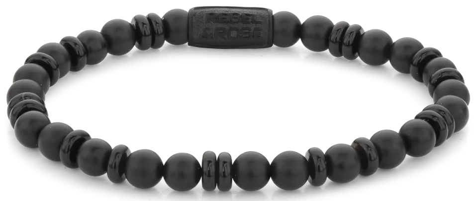 Bracelet made of 6mm black onyx natural stone (partly disc-shaped, partly bead-shaped) with black stainless steel clasp - Rebel&Rose model: RR-60107-B-L