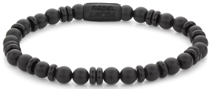 Bracelet made of 6mm black onyx natural stone (partly disc-shaped, partly bead-shaped) with black stainless steel clasp - Rebel&Rose model: RR-60107-B-L