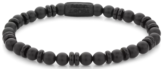 Armband aus 6mm schwarzen Onyx-Naturstein (teils scheibenförmig, teils perlenförmig) mit schwarzem Edelstahlverschluss - Rebel&Rose Modell: RR-60107-B-M