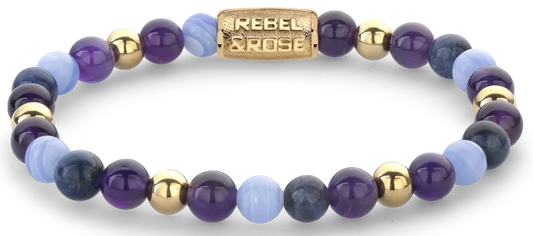 Armband aus 6mm Steinen (Amethyst, Sodalith, Achat, Stahl 18 Karat vergoldet) mit goldplattiertem Edelstahlverschluss - Rebel&Rose Modell: RR-60109-G-M