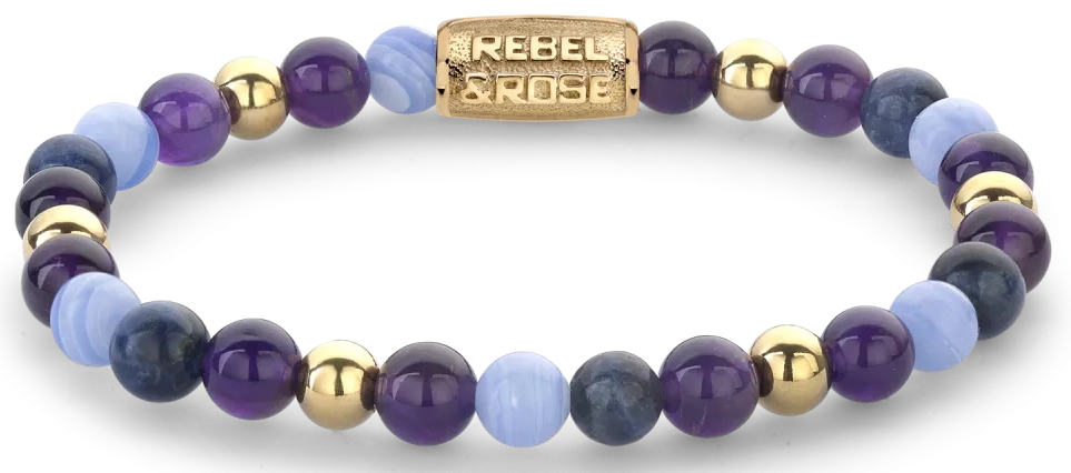 Bracelet made of 6mm stones (amethyst, sodalite, agate, steel 18k gold plated) with gold-plated stainless steel clasp - Rebel&Rose Model: RR-60109-G-S