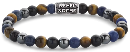 Bracelet made of 6mm sodalite, yellow tiger's eye, blue tiger's eye, and grey hematite gemstones with a grey stainless steel clasp - Rebel&Rose Model: RR-60110-V-L
