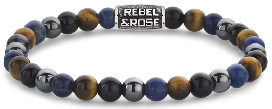 Armband aus 6mm Sodalith, gelbem Tigerauge, blauem Tigerauge und grauem Hämatit Edelsteinen mit grauem Edelstahlverschluss - Rebel&Rose Modell: RR-60110-V-L
