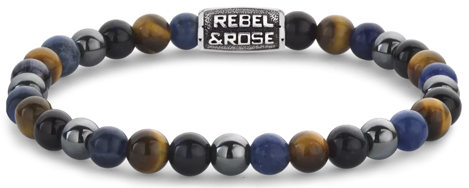 Bracelet made of 6mm Sodalite, Yellow Tiger's Eye, Blue Tiger's Eye and Grey Hematite gemstones with a grey stainless steel clasp - Rebel&Rose Model: RR-60110-V-M