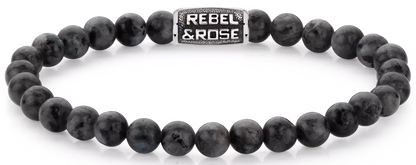 Bracelet made of 6mm black Larvikite gemstones with a black stainless steel clasp - Rebel&Rose model: RR-60117-V-L