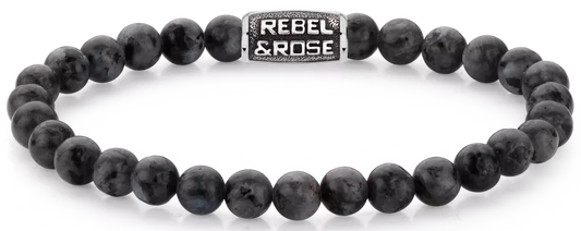 Armband aus 6mm schwarzen Larvikit-Edelsteinen mit schwarzem Edelstahlverschluss - Rebel&Rose Modell: RR-60117-V-L