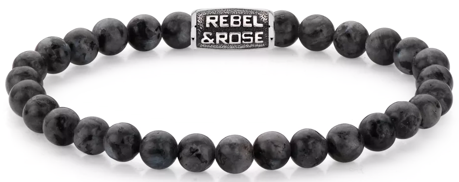 Bracelet made of 6mm black Larvikite gemstones with black stainless steel clasp - Rebel&Rose Model: RR-60117-V-M