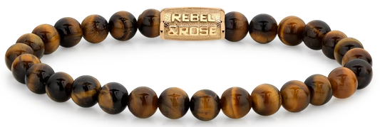 Armband aus 6mm Naturstein in Tigeraugeoptik mit goldplattiertem Edelstahlverschluss - Rebel&Rose Modell: RR-60120-G-M