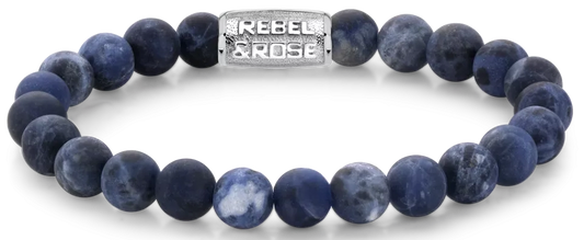 Armband aus 8mm großen Sodalitsteinen mit Edelstahlverschluss - Rebel&Rose Modell: RR-80022-S-M