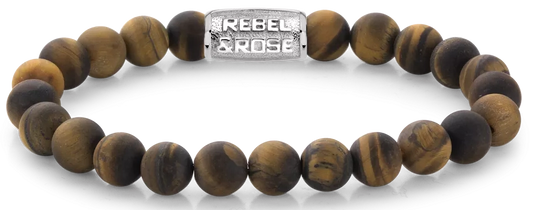 Armband aus 8mm großen Tigerauge-Steinen mit Edelstahlverschluss - Rebel&Rose Modell: RR-80023-S-L