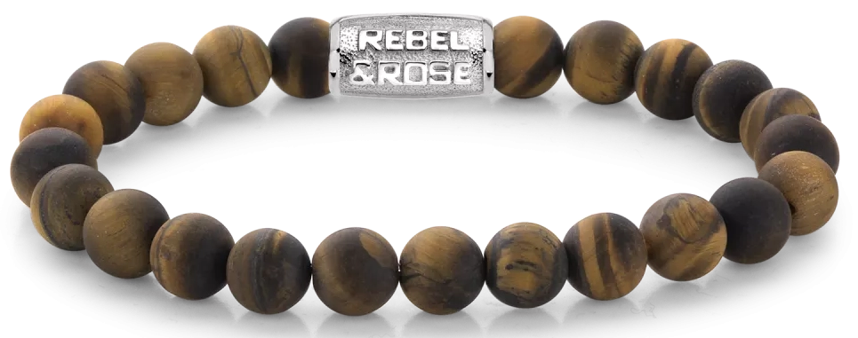 Armband aus 8mm großen Tigerauge-Steinen mit Edelstahlverschluss - Rebel&Rose Modell: RR-80023-S-M