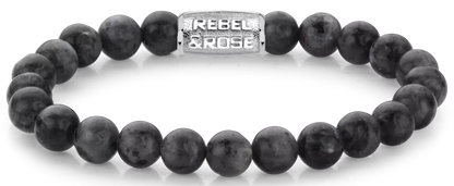 Armband aus 8mm großen Larvikit-Steinen mit Edelstahlverschluss - Rebel&Rose Modell: RR-80026-S-L