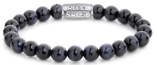 Armband aus 8mm großen dunkelblauen Tigerauge-Steinen mit Edelstahlverschluss - Rebel&Rose Modell: RR-80039-S-M