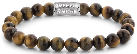 Armband aus 8mm großen Tigerauge-Steinen mit Edelstahlverschluss - Rebel&Rose Modell: RR-80042-S-M