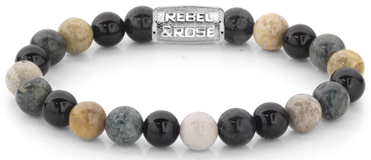 Armband aus 8mm großen Edelsteinen aus Rhyolith, Chrysantheme und Achat mit Edelstahlverschluss - Rebel&Rose Modell: RR-80051-S-L