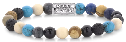 Armband aus 8mm großen Edelsteinen aus Achat, Larvikit, Lavastein, Bild Jaspis, Turqurenit und Fossil mit Edelstahlverschluss - Rebel&Rose Modell: RR-80064-S-L