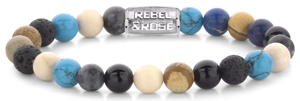 Armband aus 8mm großen Edelsteinen aus Achat, Larvikit, Lavastein, Bild Jaspis, Turqurenit und Fossil mit Edelstahlverschluss - Rebel&Rose Modell: RR-80064-S-M