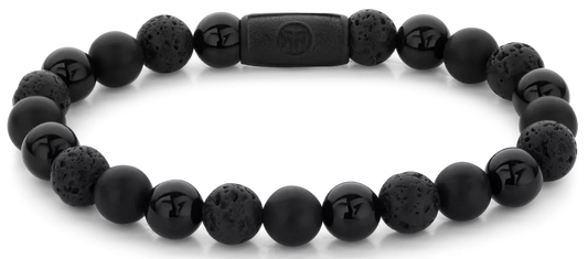 Armband aus 8mm großen schwarzen Edelsteinen mit schwarzem Stahlverschluss - Rebel&Rose Modell: RR-80073-B-L