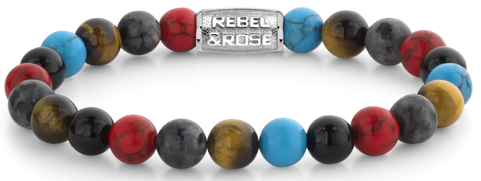 Armband aus 8mm großen bunten Natursteinen mit Edelstahlverschluss - Rebel&Rose Modell: RR-80083-S-L