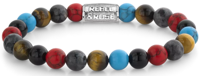 Armband aus 8mm großen bunten Natursteinen mit Edelstahlverschluss - Rebel&Rose Modell: RR-80083-S-M