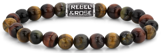 Armband aus 8mm großen Edelsteinen Tigerauge mit Metallverschluss - Rebel&Rose Modell: RR-80095-V-L