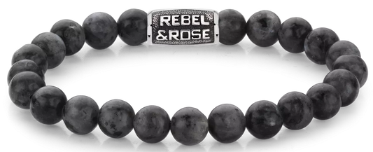 Armband aus 8mm großen schwarzen Larvikit-Edelsteinen mit schwarzem Stahlverschluss - Rebel&Rose Modell: RR-80097-V-L