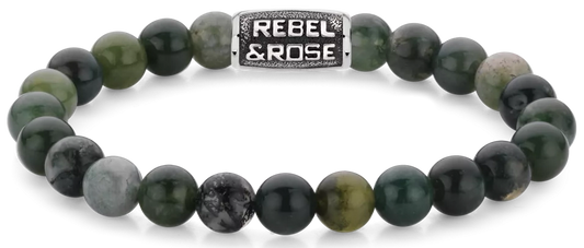 Armband aus 8mm großen dunkelgrünen Moos-Achat-Edelsteinen mit dunkelgrünem Stahlverschluss - Rebel&Rose Modell: RR-80098-V-L