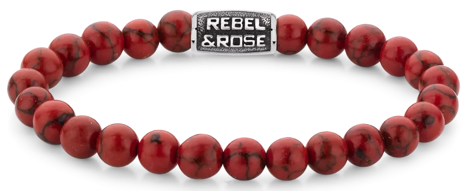 Armband aus 8mm großen roten Edelsteinen mit grauem Edelstahlverschluss - Rebel&Rose Modell: RR-80099-V-M