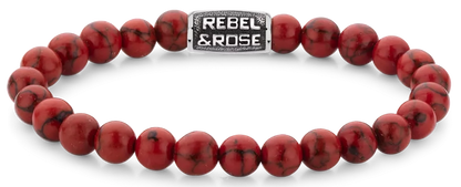 Armband aus 8mm großen roten Edelsteinen mit grauem Edelstahlverschluss - Rebel&Rose Modell: RR-80099-V-M