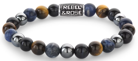 Armband aus 8mm großen Sodalith, gelbem Tigerauge, blauem Tigerauge und grauem Hämatitedelsteinen mit grauem Edelstahlverschluss - Rebel&Rose Modell: RR-80100-V-M