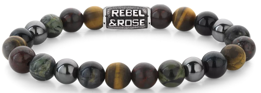 Armband aus 8mm großen Steinen in Tigerauge-Blau, Tigerauge-Gelb, Brekzien-Jaspis, Ryolith und Hämatit-Grau mit grauem Edelstahlverschluss - Rebel&Rose Modell: RR-80106-V-M