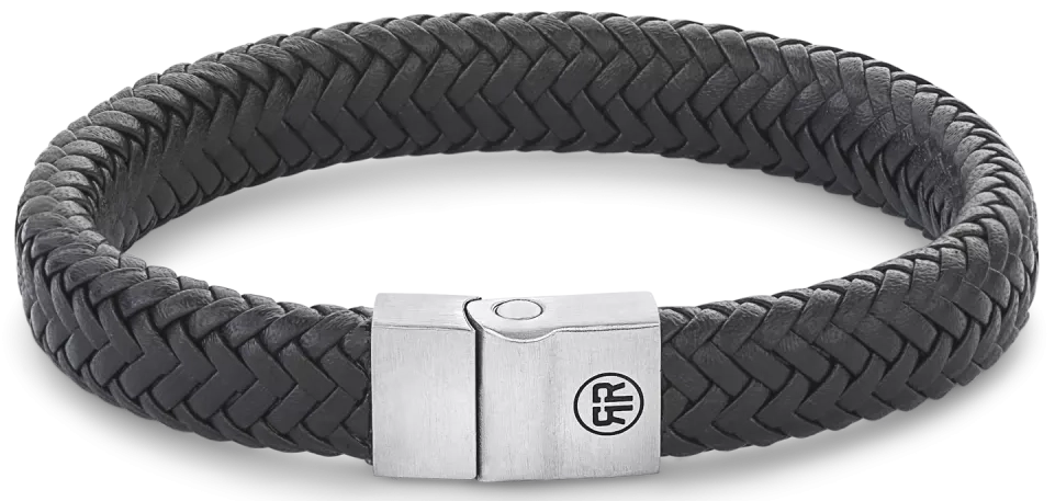 Armband aus 12mm dickem, schwarzem Leder mit Edelstahlverschluss - Rebel&Rose Modell: RR-M0019-S-M