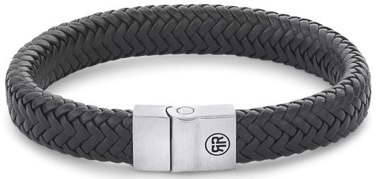 Armband aus 12mm dickem, schwarzem Leder mit Edelstahlverschluss - Rebel&Rose Modell: RR-M0019-S-M