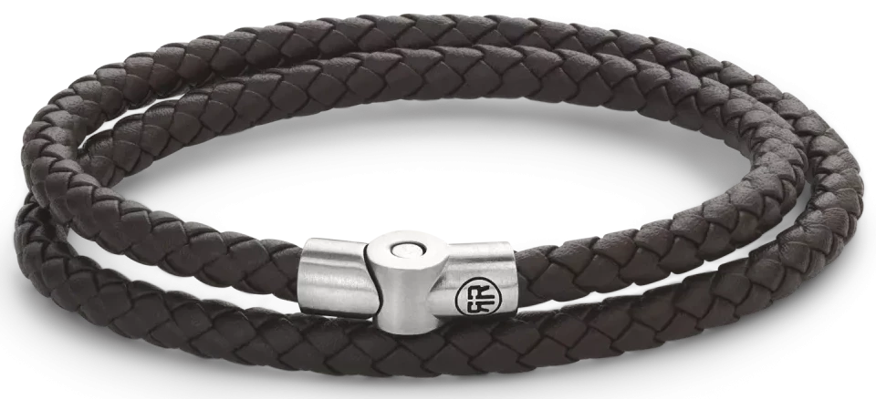 Armband aus zwei 5mm dicken, dunkelbraunen Lederschnüren mit Edelstahlverschluss - Rebel&Rose Modell: RR-M0039-S-M