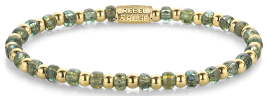 Armband aus 4mm grünen Glassteinen, goldplattierten Edelstahlsteinchen und Edelstahlverschluss - Rebel&Rose Modell: RR-40145-G-S