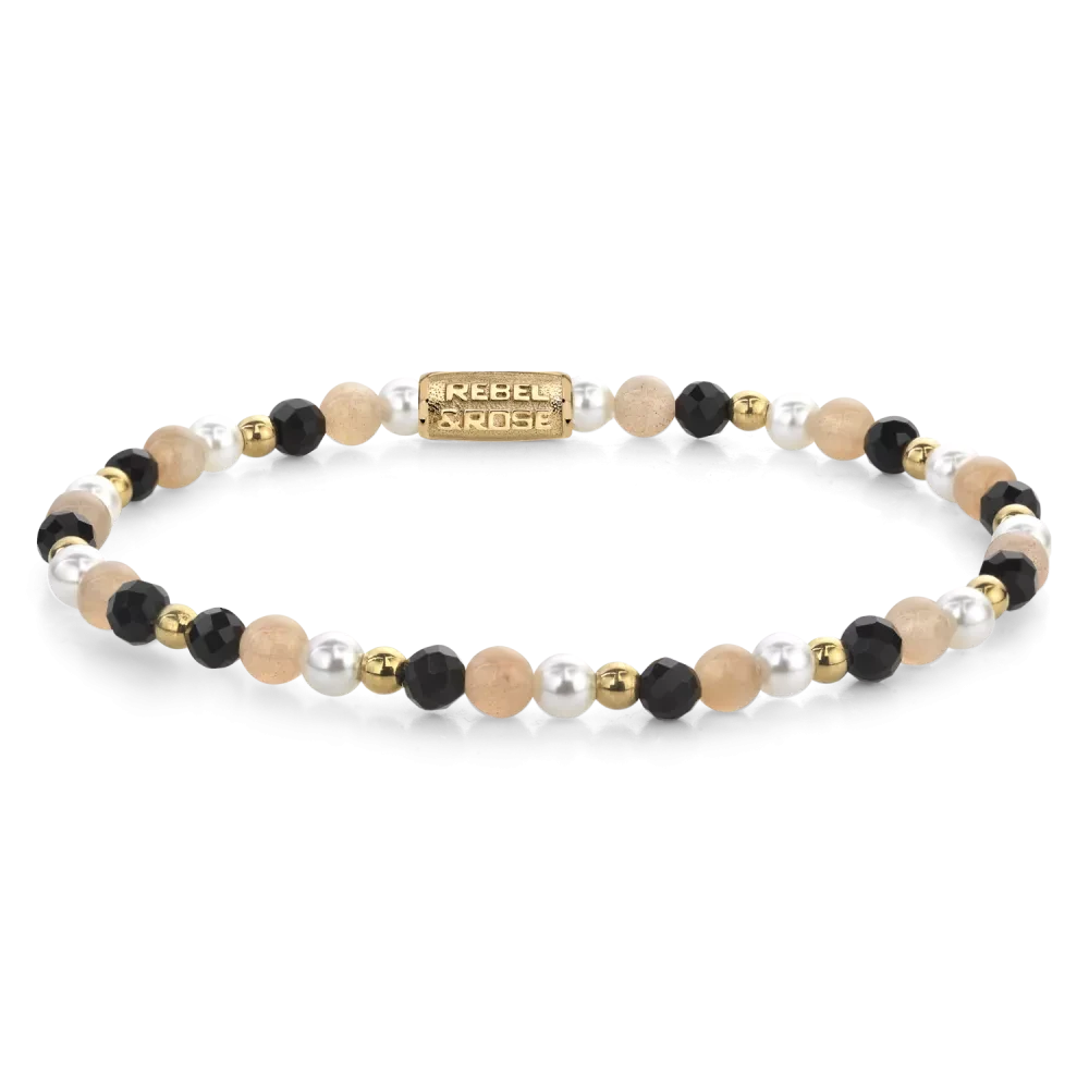 Armband aus 4mm Steinen (Schwarzer Spinell, Muschelperle, Sonnenstein, goldfarbene Steine) und Edelstahlverschluss - Rebel&Rose Modell: RR-40154-G-S