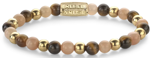 Armband aus 6mm (Tigerauge, Sonnenstein, goldfarbene Steine) mit goldplattiertem Edelstahlverschluss - Rebel&Rose Modell: RR-60129-G-M