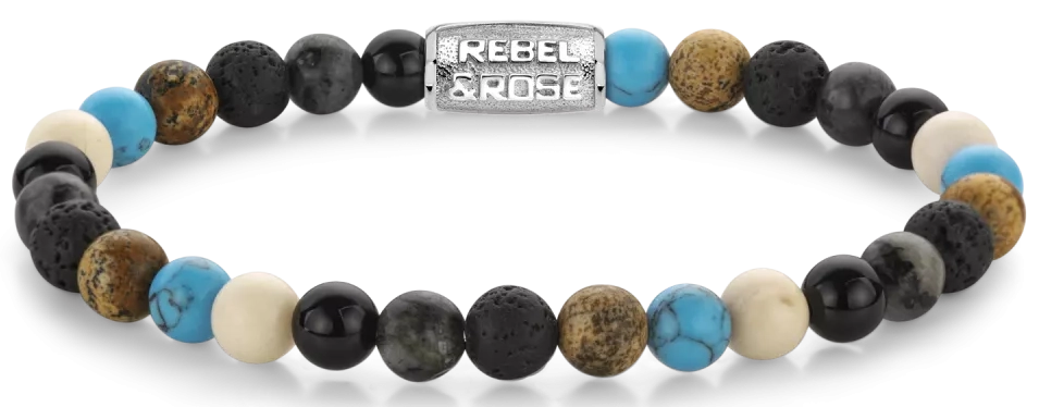 Bracelet made of 6mm gemstones (agate, larvikite, lava stone, picture jasper, turquenite). Gemstones with grey stainless steel clasp - Rebel&Rose Model: RR-60131-S-L