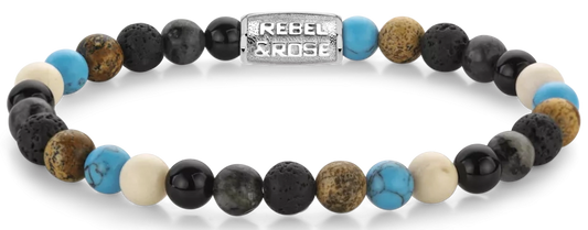 Armband aus 6mm Edelsteinen (Achat, Larvikit, Lavastein, Bild Jaspis, Turqurenit). Edelsteinen mit grauem Edelstahlverschluss - Rebel&Rose Modell: RR-60131-S-L