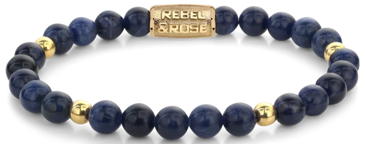 Armband aus 6mm großen blauen Sodalith-Steinen Edelsteinen mit goldplattiertem Edelstahlverschluss - Rebel&Rose Modell: RR-60137-G-M