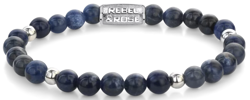 Armband aus 6mm großen blauen Sodalith-Steinen Edelsteinen mit Edelstahlverschluss - Rebel&Rose Modell: RR-60138-S-S