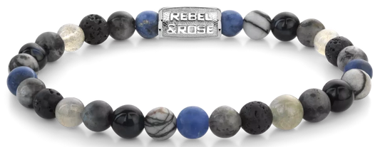 Armband aus 6mm großen Sodalithblau, Achat, Tigeraugeblau, Larvenkitgrau, Labradorit und Lavasteinen mit Edelstahlverschluss - Rebel&Rose Modell: RR-60142-S-L