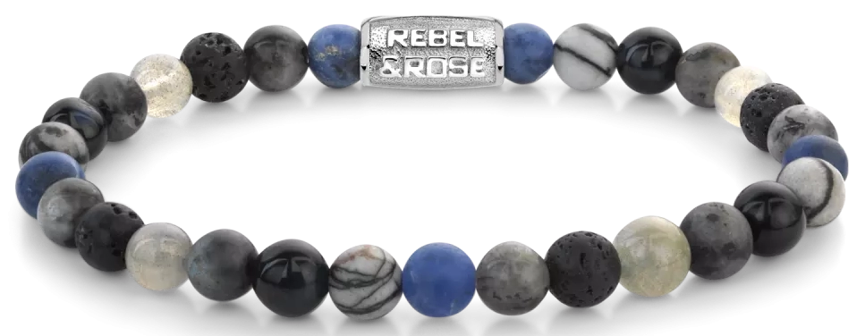Bracelet made of 6mm sodalite blue, agate, tiger's eye blue, larva kit grey, labradorite, and lava stones with stainless steel clasp - Rebel&Rose Model: RR-60142-S-M